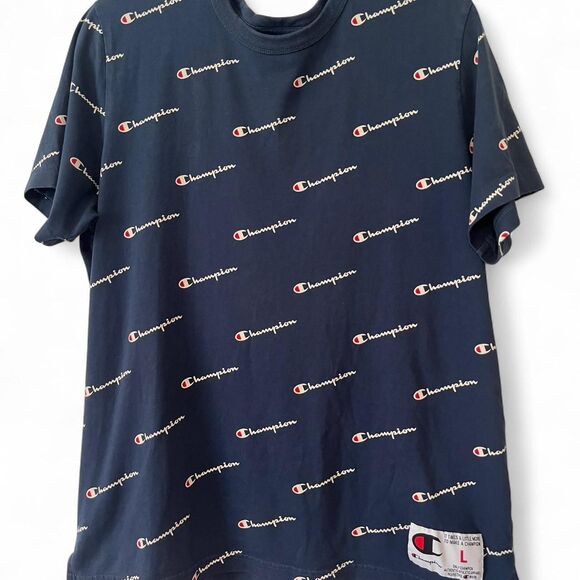 Champion Logo Premium All Over Print Streetwear Navy Blue Tee Size Large - Picture 1 of 4